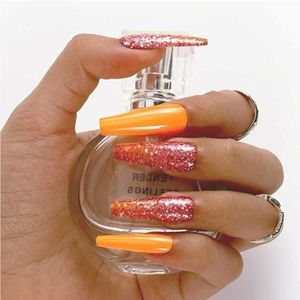 BOLD ORANGE w GLITTER COFFIN PRESS ON GLUE ON NAI…
